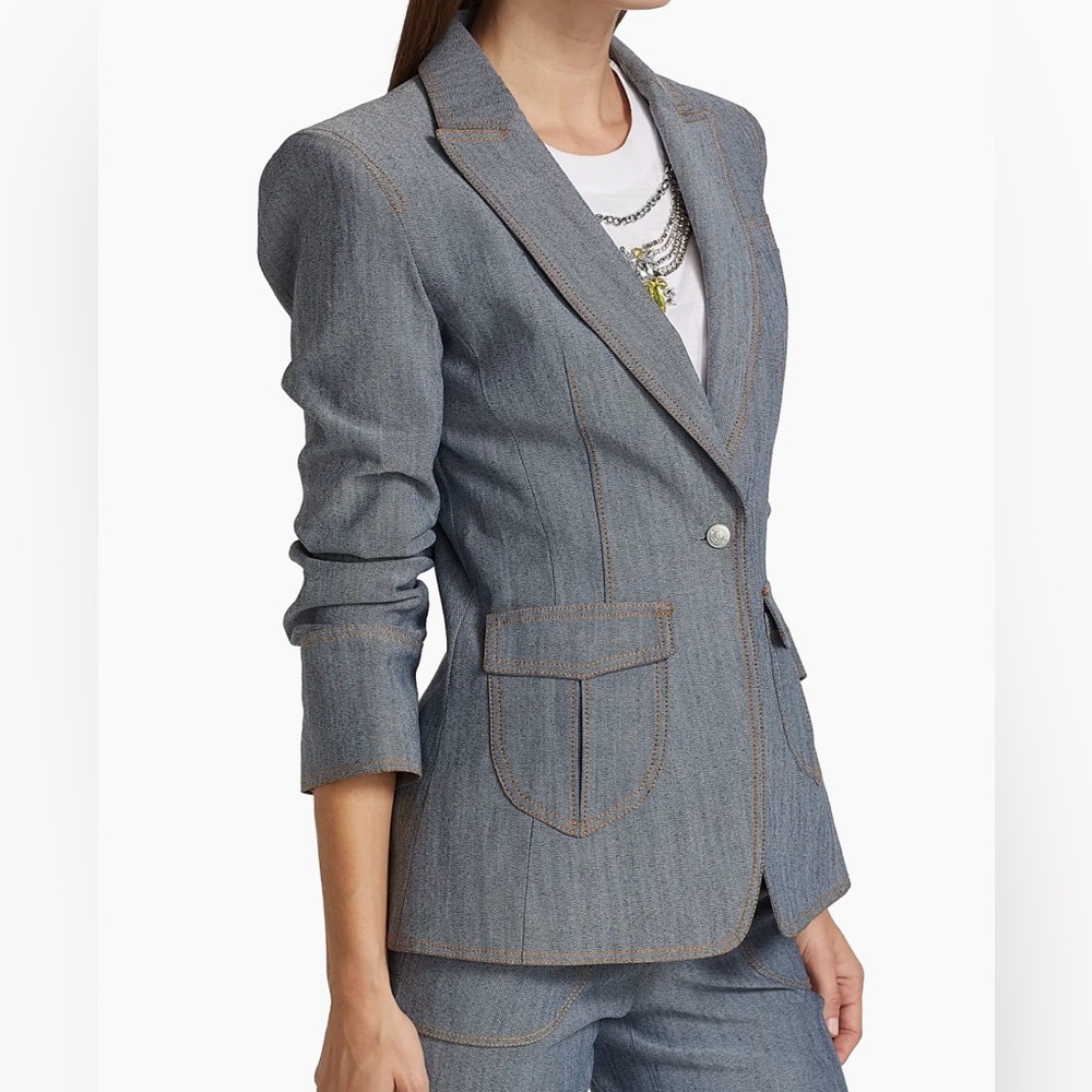 5 à 7 Cinq à Sept Louisa Grey Denim Notch Lapel Gathered Sleeve Blazer Jacket 6 - Picture 2 of 13